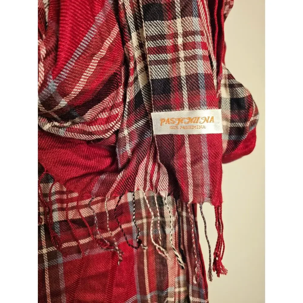 Pashmina Red Black Cream Plaid Scarf with Fringe
